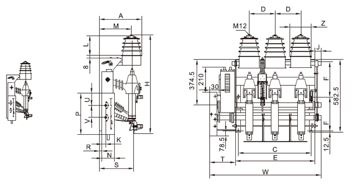 FKN12A-12D、FKRN12A-12D電動(dòng)機(jī)構(gòu)側(cè)裝左操作圖一 FKN12A-12D、FKRN12A-12D電動(dòng)機(jī)構(gòu)側(cè)裝左操作圖一